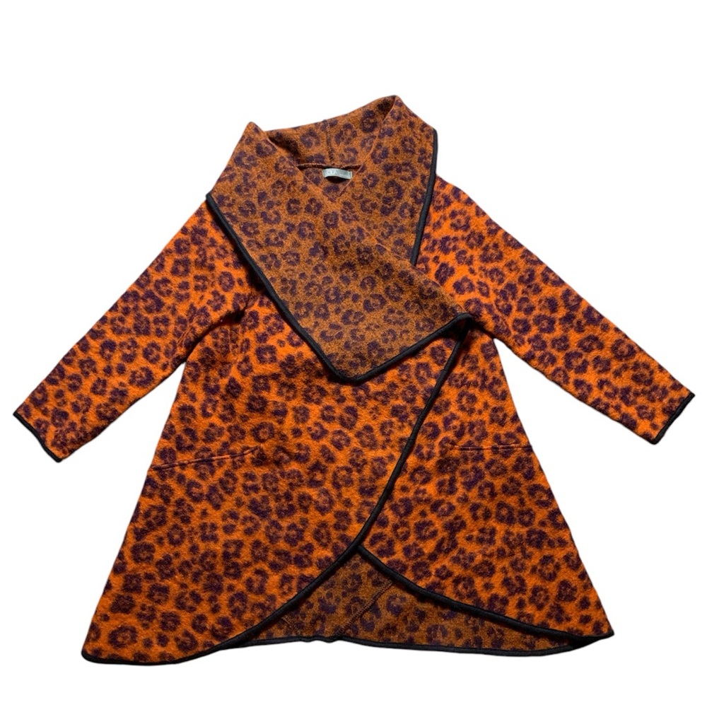 Lola Italy Leopard Print Collared Shawl Wrap Orange Purple Wool Blend OS